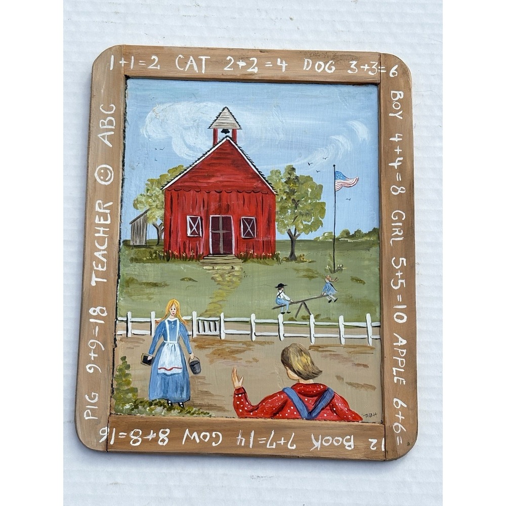 Hand Painted Signed Wall Art On Chalkboard 11 X 9"Schoolhouse Teacher Americana
